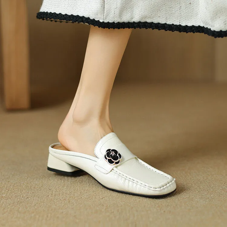 Ladies Square Toe Block Low Heel Loafer Mule Slip-on