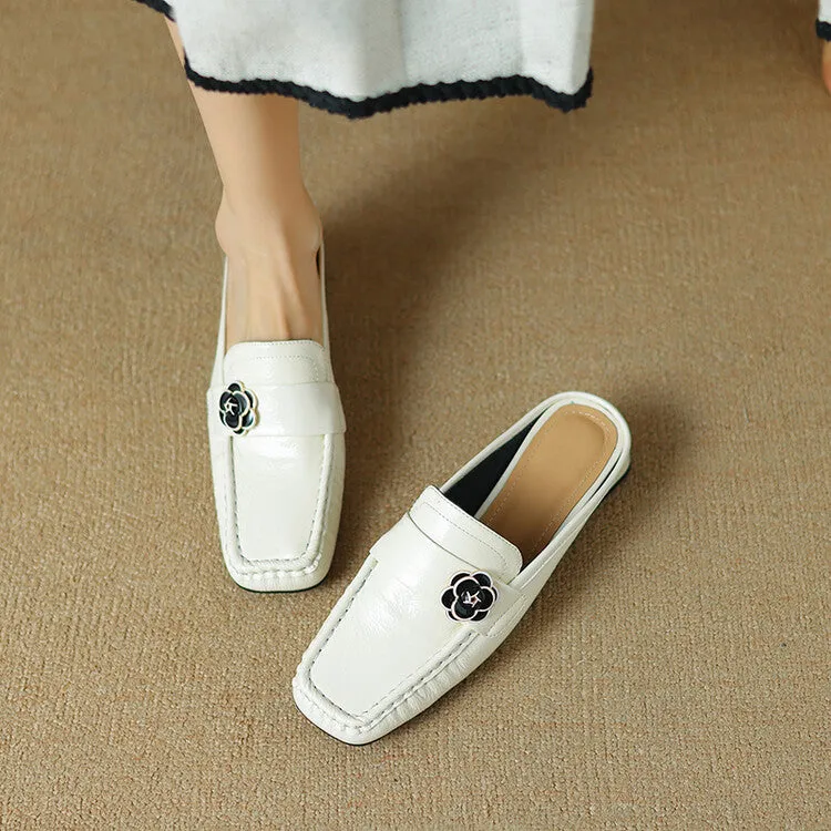 Ladies Square Toe Block Low Heel Loafer Mule Slip-on
