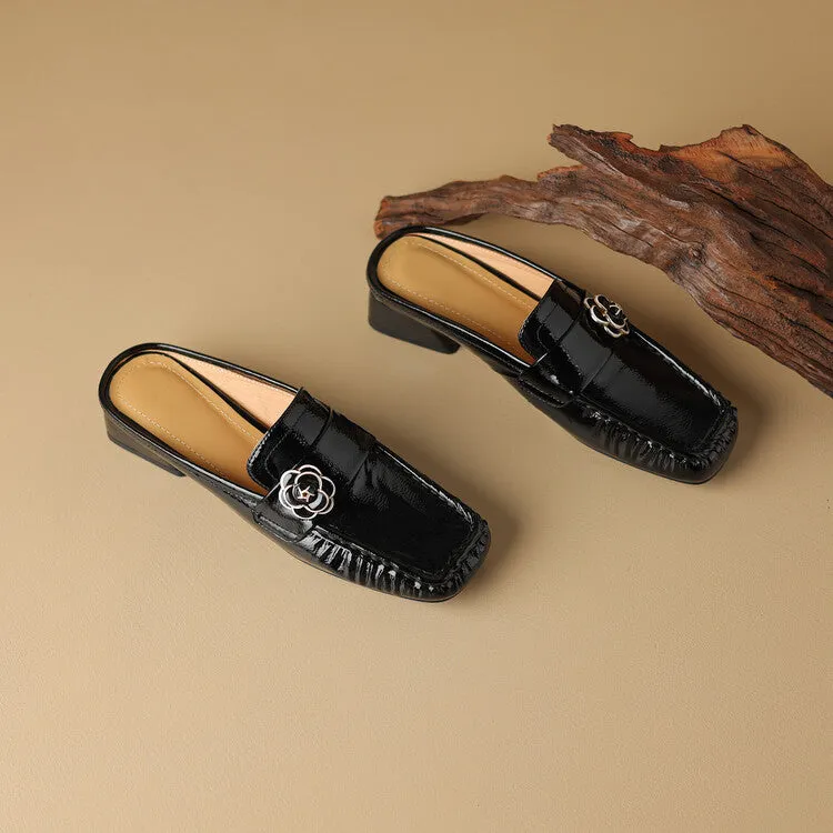 Ladies Square Toe Block Low Heel Loafer Mule Slip-on