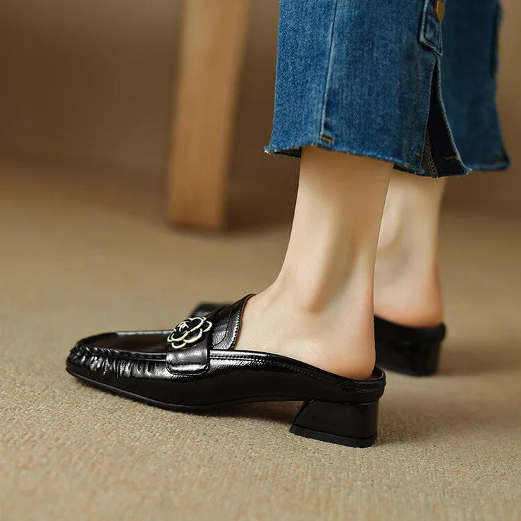 Ladies Square Toe Block Low Heel Loafer Mule Slip-on