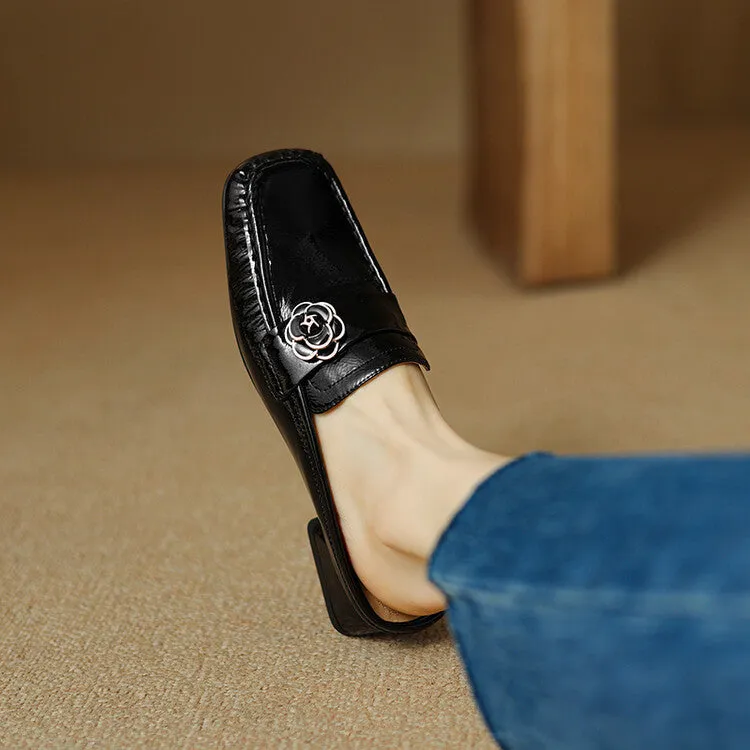 Ladies Square Toe Block Low Heel Loafer Mule Slip-on