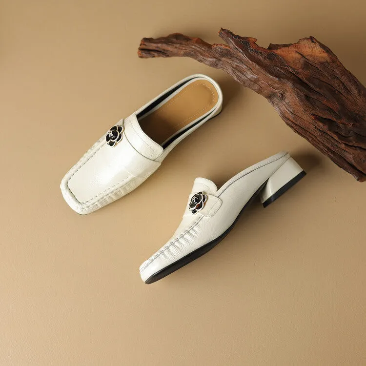 Ladies Square Toe Block Low Heel Loafer Mule Slip-on