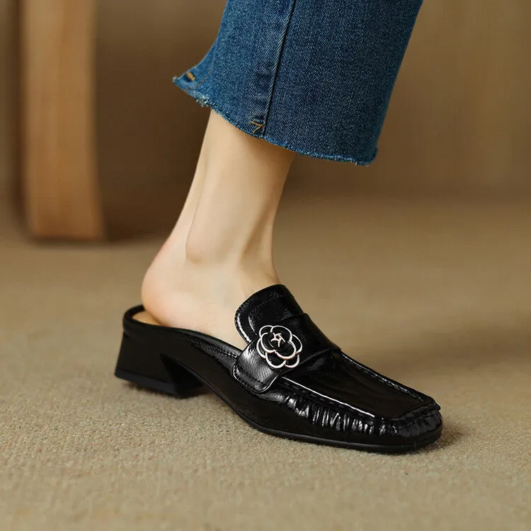 Ladies Square Toe Block Low Heel Loafer Mule Slip-on