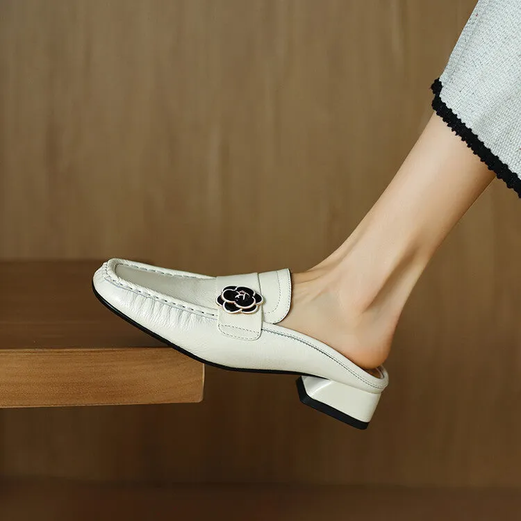 Ladies Square Toe Block Low Heel Loafer Mule Slip-on