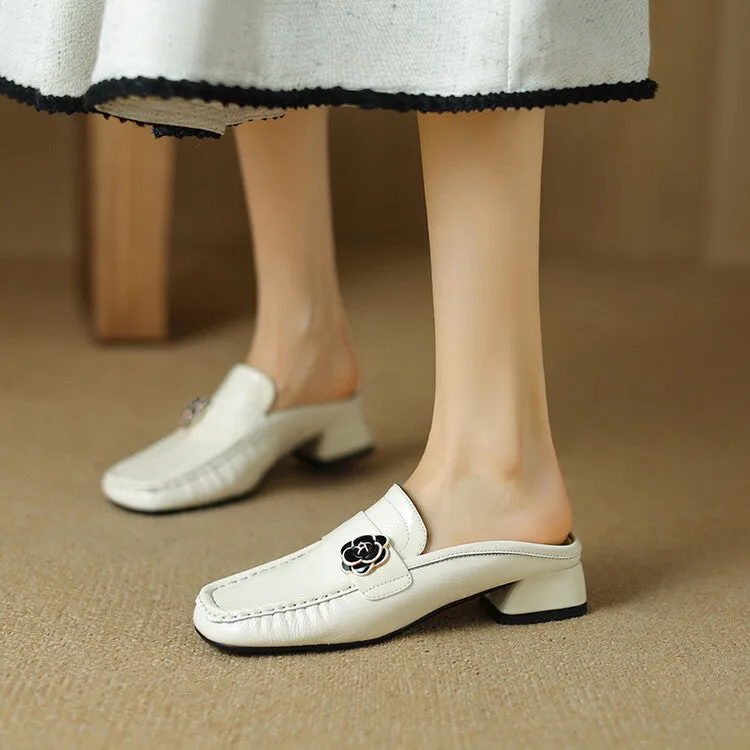 Ladies Square Toe Block Low Heel Loafer Mule Slip-on