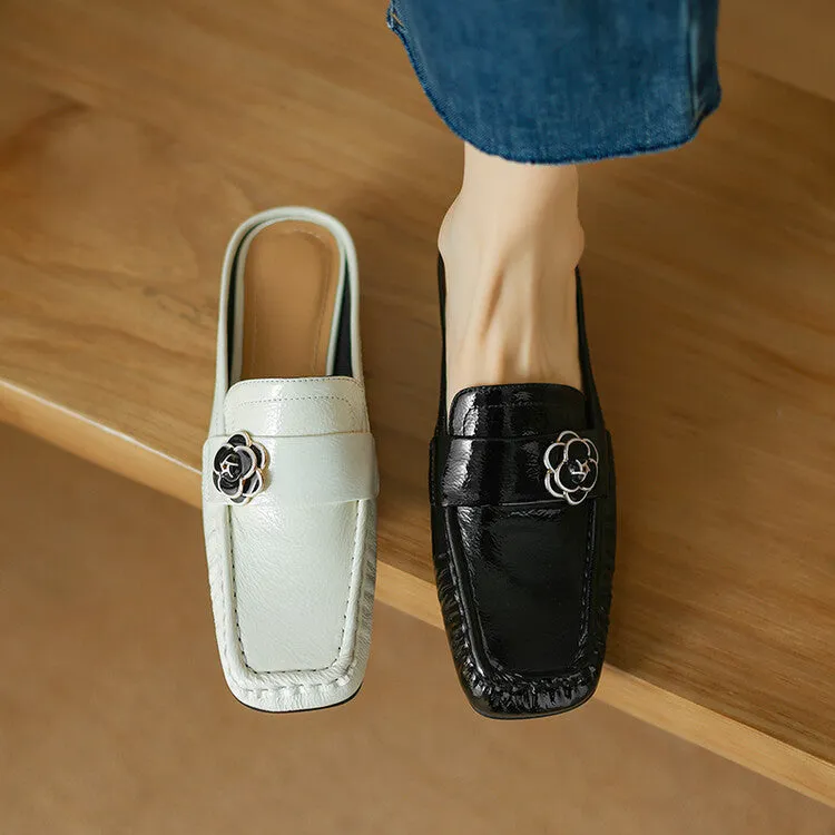 Ladies Square Toe Block Low Heel Loafer Mule Slip-on