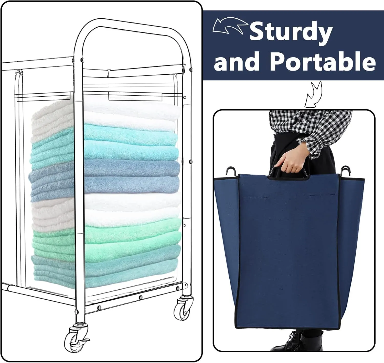 Laundry Sorter Replacement Bags Hamper Cart Removable Replacement Laundry Storage Organizer Bag Hamper Liner, No Hooks 14.76 x 8.66 x 21.65 Inch(Dark Blue,3 Pcs)