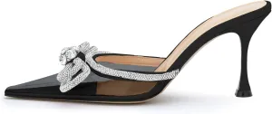 LauraVicci Women High Heeled Clear Mules Double Bow Heels Rhinestone Embellished Crystal Pointy Toe Sandals Stiletto Shoes Summer Bridal Shoes Black Size 10