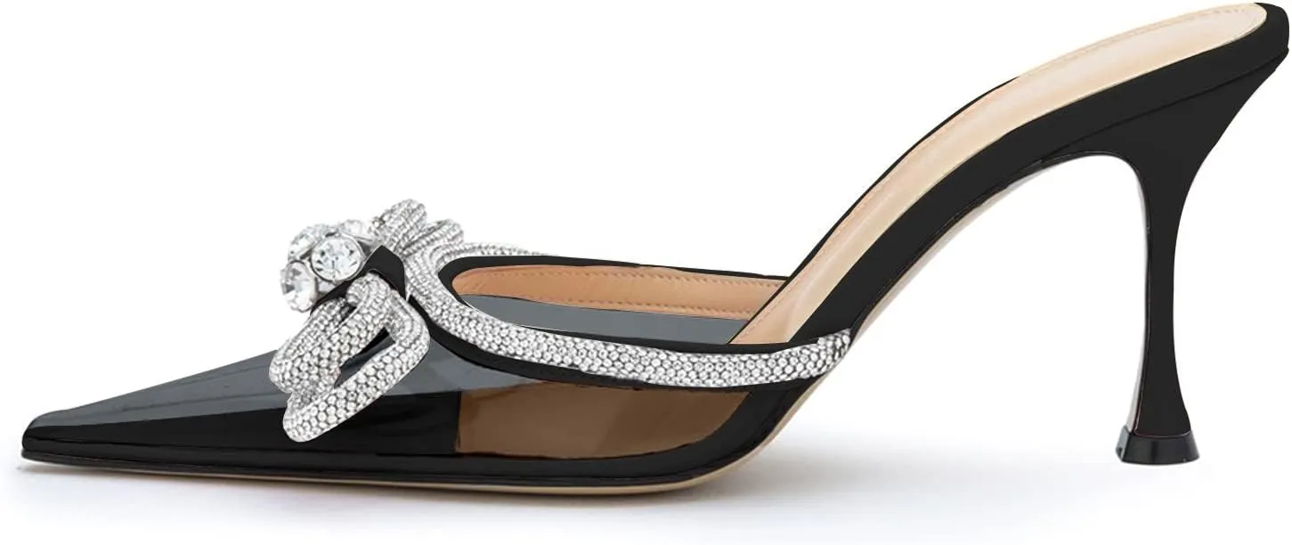 LauraVicci Women High Heeled Clear Mules Double Bow Heels Rhinestone Embellished Crystal Pointy Toe Sandals Stiletto Shoes Summer Bridal Shoes Black Size 10