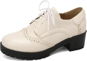 LUXMAX Woemn Lace Up Oxford Shoes Chunky Mid Heel Vintage Wingtip Saddle Shoes Platform Retro Comfortable Pumps