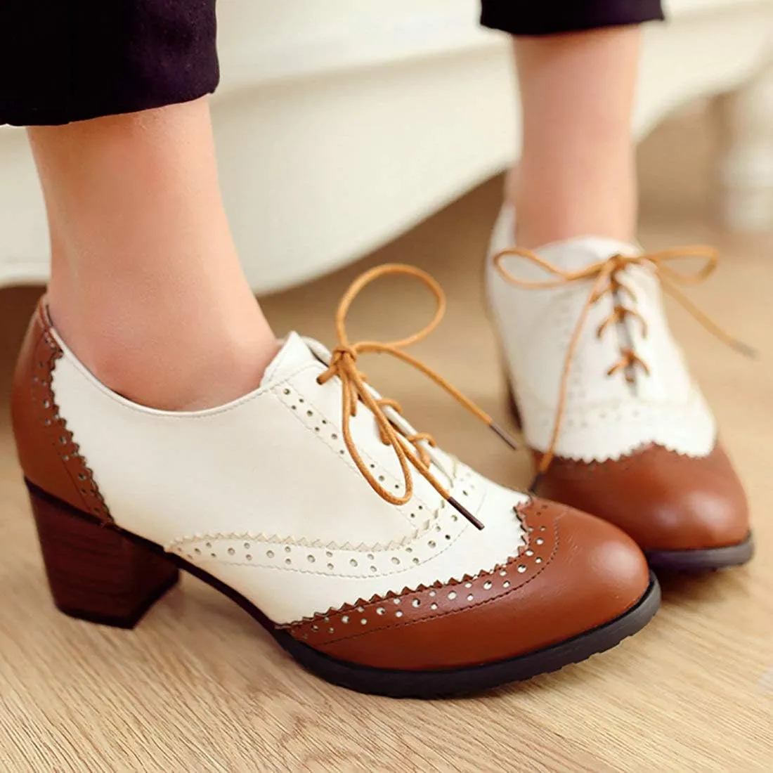 MAVMAX Women's Wingtip Oxford Brogues Retro Mid Chunky Heel Pumps
