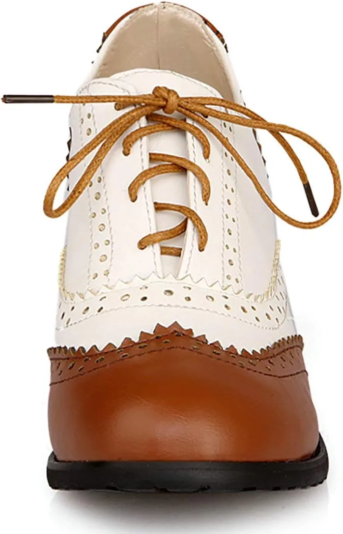 MAVMAX Women's Wingtip Oxford Brogues Retro Mid Chunky Heel Pumps