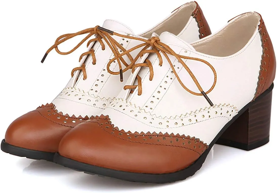 MAVMAX Women's Wingtip Oxford Brogues Retro Mid Chunky Heel Pumps