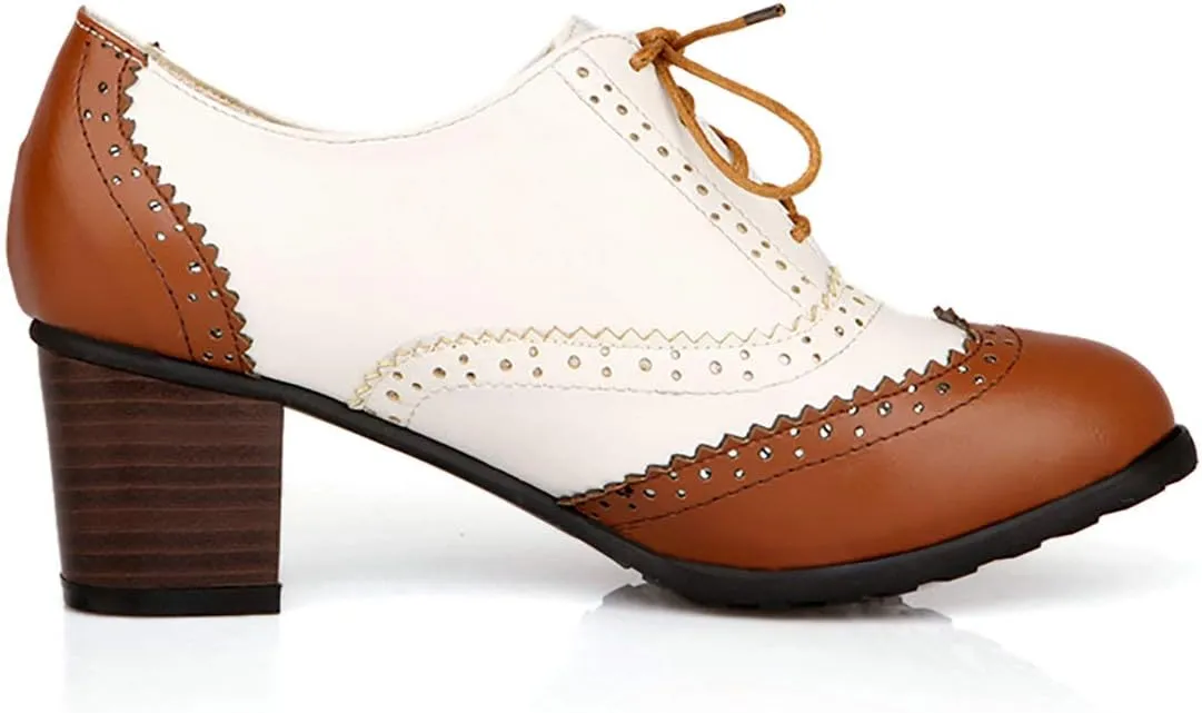 MAVMAX Women's Wingtip Oxford Brogues Retro Mid Chunky Heel Pumps