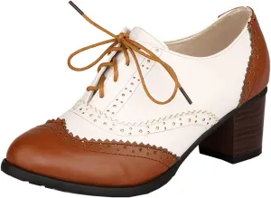 MAVMAX Women's Wingtip Oxford Brogues Retro Mid Chunky Heel Pumps
