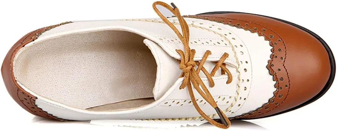MAVMAX Women's Wingtip Oxford Brogues Retro Mid Chunky Heel Pumps