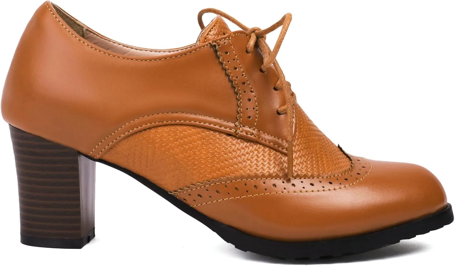 Meefit Women Lace Up Oxford Shoes Perforated Wingtip Shoes Chunky Heel Brogue Shoes,Round Toe Saddle Oxford Shoes
