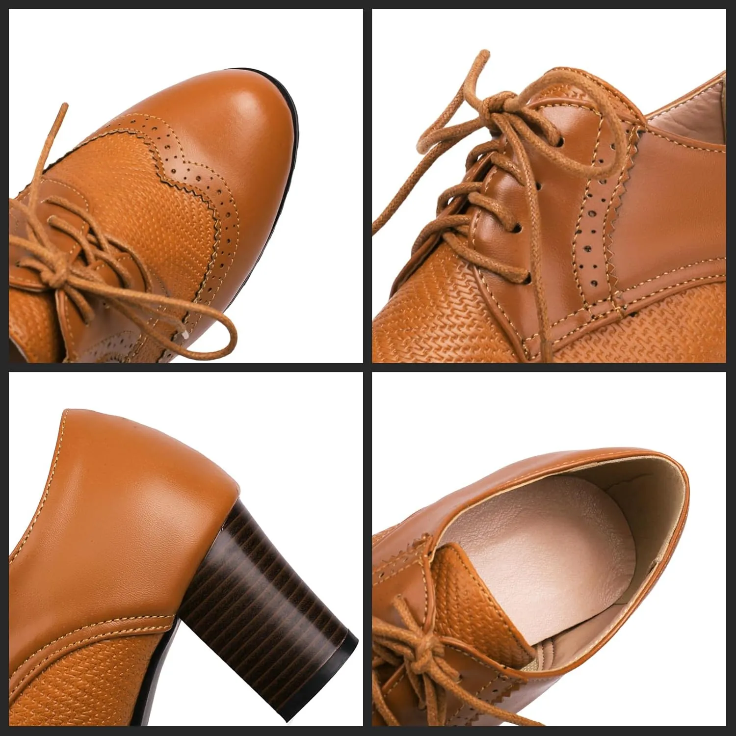Meefit Women Lace Up Oxford Shoes Perforated Wingtip Shoes Chunky Heel Brogue Shoes,Round Toe Saddle Oxford Shoes