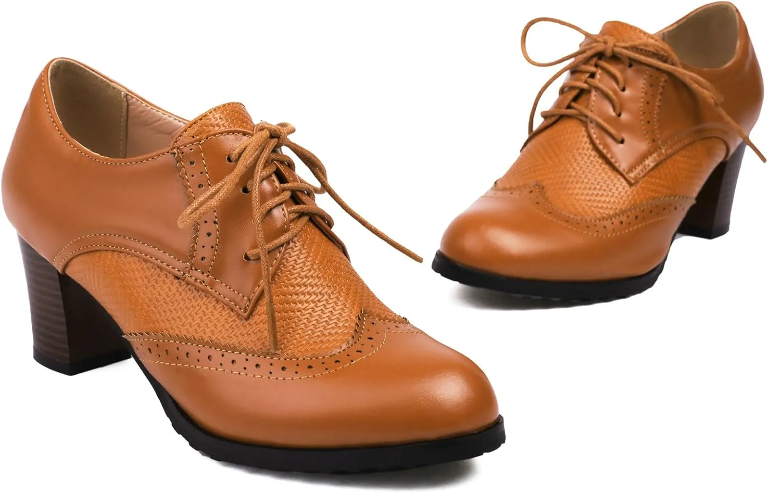 Meefit Women Lace Up Oxford Shoes Perforated Wingtip Shoes Chunky Heel Brogue Shoes,Round Toe Saddle Oxford Shoes