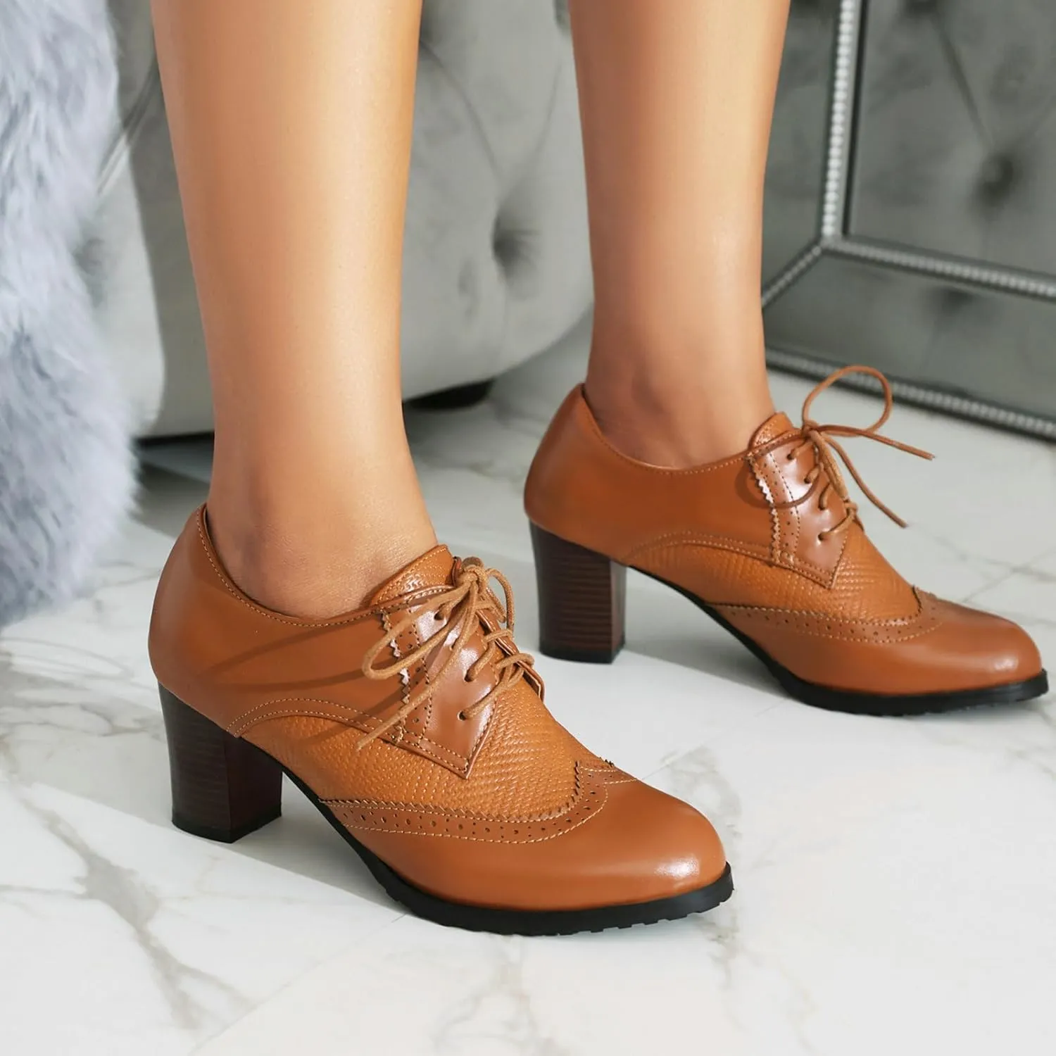 Meefit Women Lace Up Oxford Shoes Perforated Wingtip Shoes Chunky Heel Brogue Shoes,Round Toe Saddle Oxford Shoes
