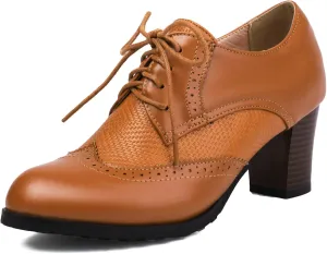 Meefit Women Lace Up Oxford Shoes Perforated Wingtip Shoes Chunky Heel Brogue Shoes,Round Toe Saddle Oxford Shoes