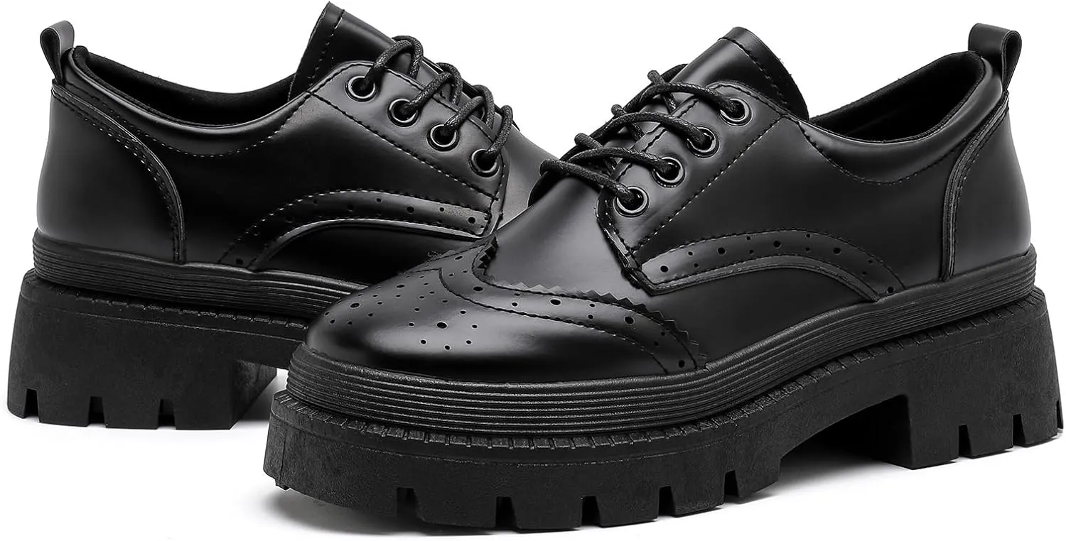 MEMON Oxford Shoes for Women,Platform Oxfords for Women,Low Heel Lace-Up Chunky Classic Oxford,Business Work Office Dress Shoes