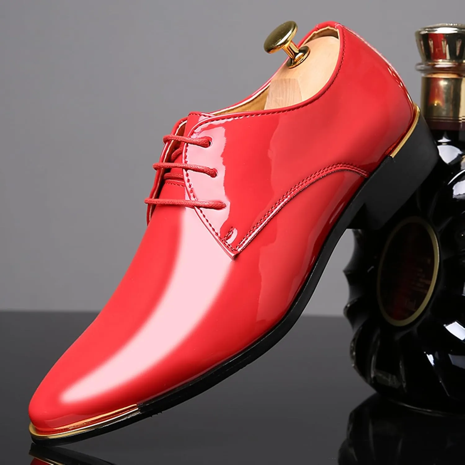 Men Dress Shoes Fashion Wedding Tuxedo Oxford Shoes Classic Pointed-Toe Lace-up Patent Leather Formal Shoes for Men