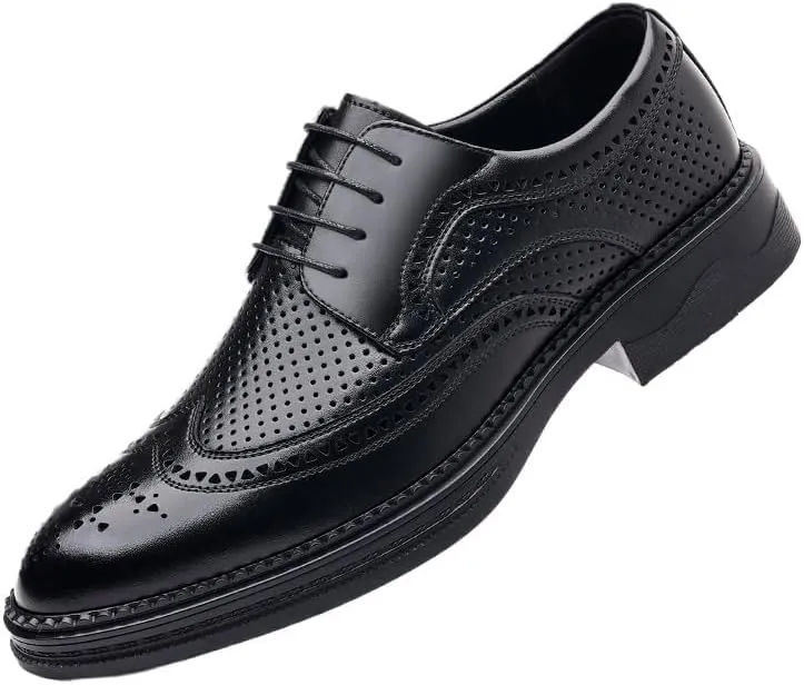 Men's Breathable Lace-up Dress Shoes Fashion Classic Leather Wingtip Brogue Oxfords Shoes Non-Slip Softsole Walking Derby Shoes(7)
