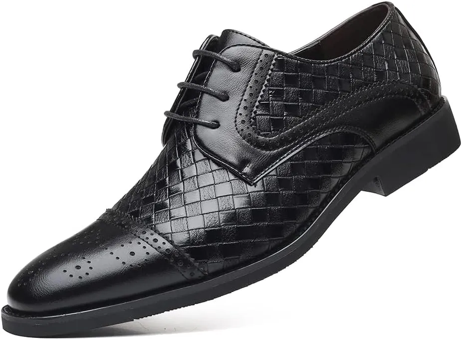 Men's Business Casual Dress Shoes Italy Prince Classic Wingtip Lace-Up Brogues Modern Formal Woven Leather Oxfords