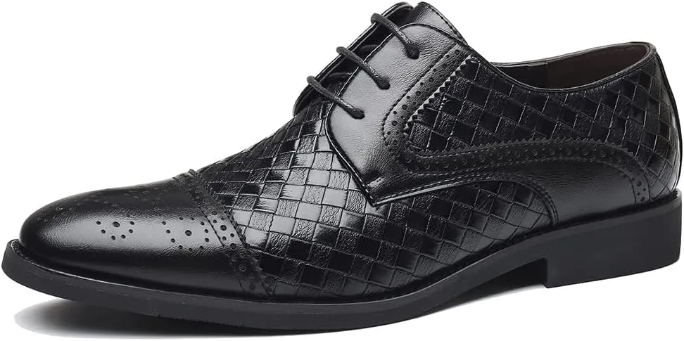 Men's Business Casual Dress Shoes Italy Prince Classic Wingtip Lace-Up Brogues Modern Formal Woven Leather Oxfords