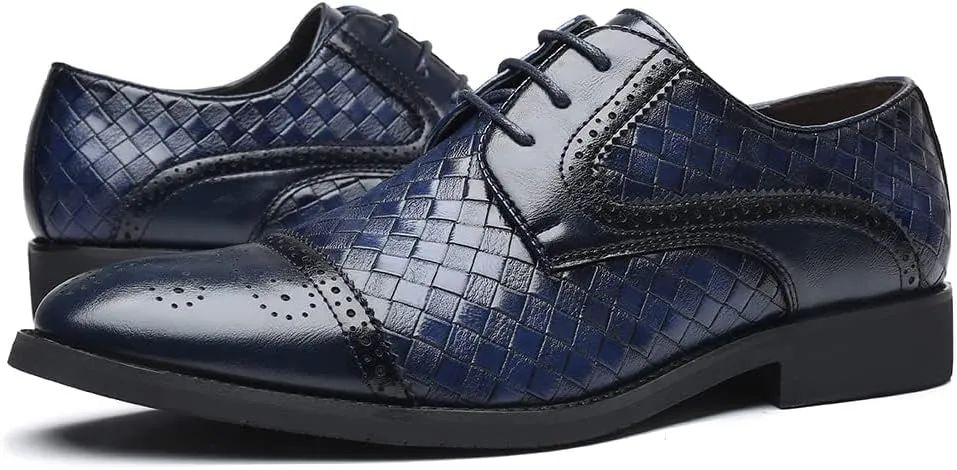 Men's Business Casual Dress Shoes Italy Prince Classic Wingtip Lace-Up Brogues Modern Formal Woven Leather Oxfords