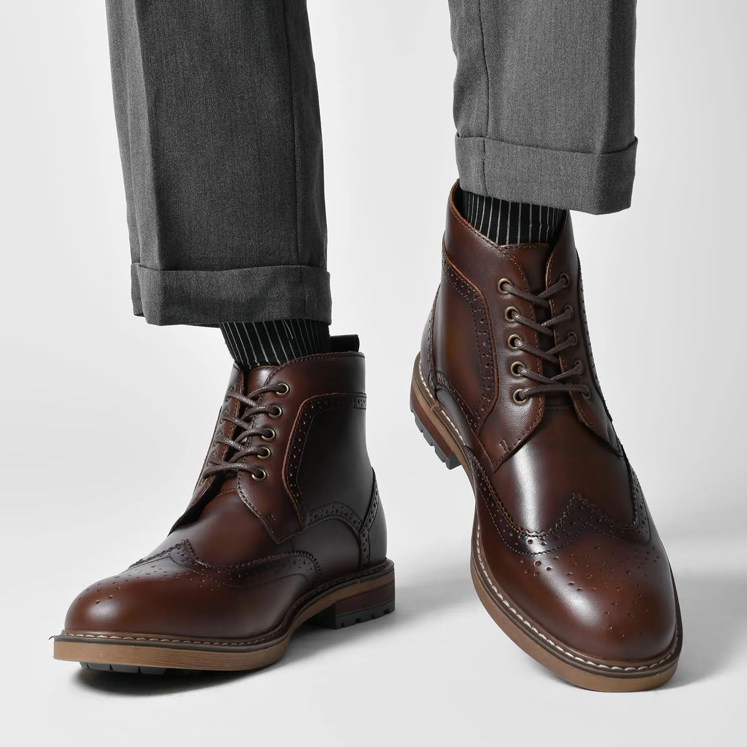 Mens Fashion Dress Boots - Black Genuine Leather Classic Brogue Style Oxford Ankle Boots