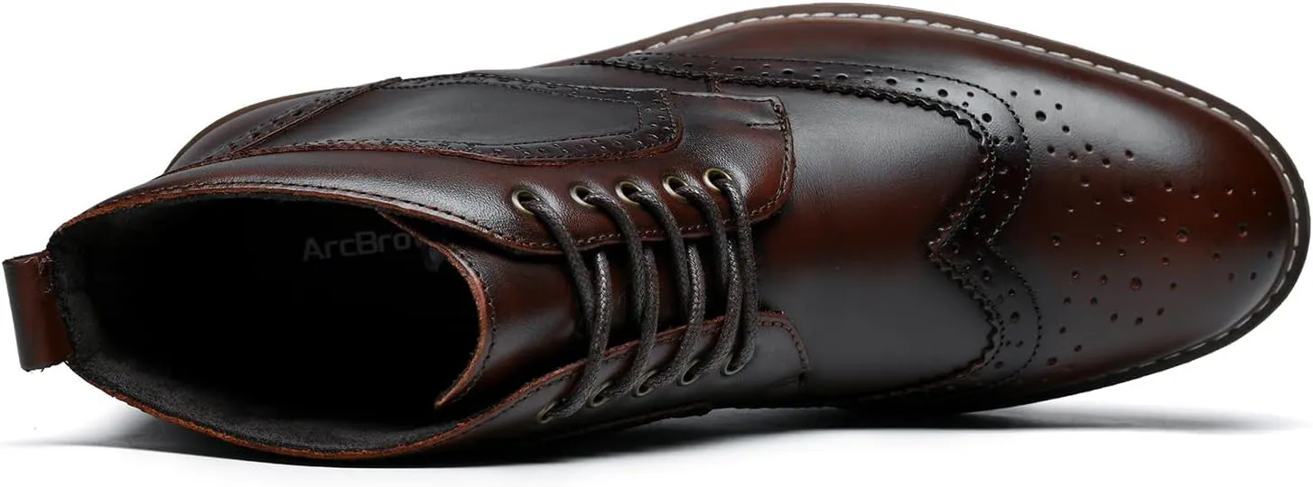 Mens Fashion Dress Boots - Black Genuine Leather Classic Brogue Style Oxford Ankle Boots
