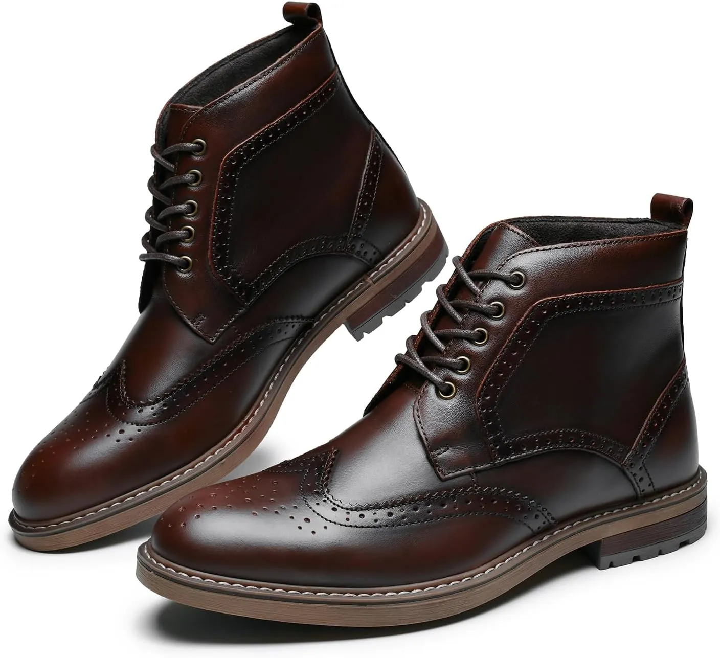 Mens Fashion Dress Boots - Black Genuine Leather Classic Brogue Style Oxford Ankle Boots