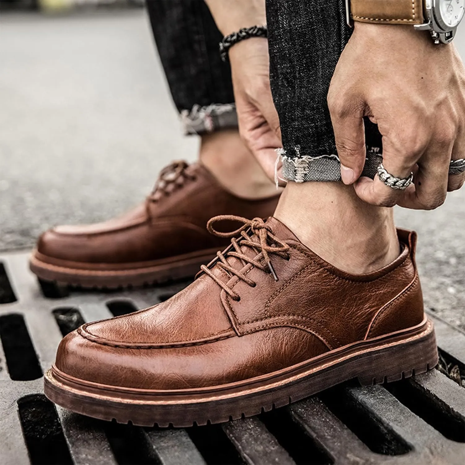 Mens Fashion Formal Retro Oxford Shoes Modern Comfort Slip-on Lace Up Sewing Oxford Sneakers Classic Casual British All-Match Driving Dress Loafer Shoes