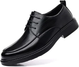 Men's Genuine Leather Oxford Shoes Retro Pointed Chunky Heel Non-Slip Business Dress Shoes Waterproof Business Formal Derby Shoes(Black,7)