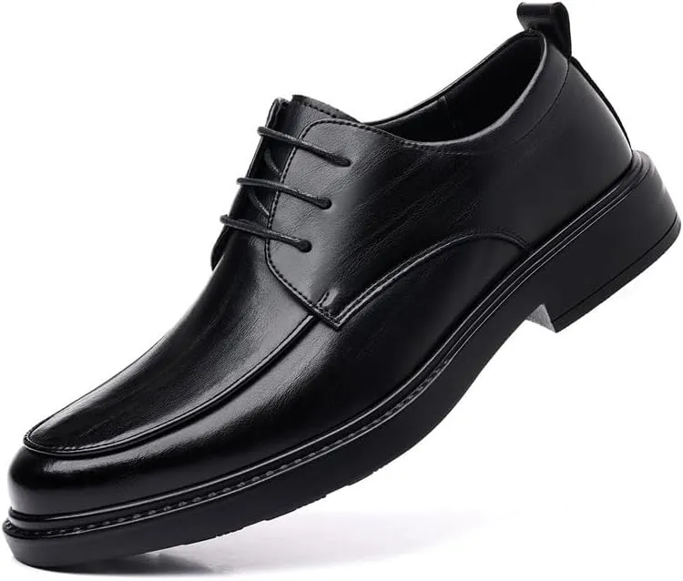 Men's Genuine Leather Oxford Shoes Retro Pointed Chunky Heel Non-Slip Business Dress Shoes Waterproof Business Formal Derby Shoes(Black,7)
