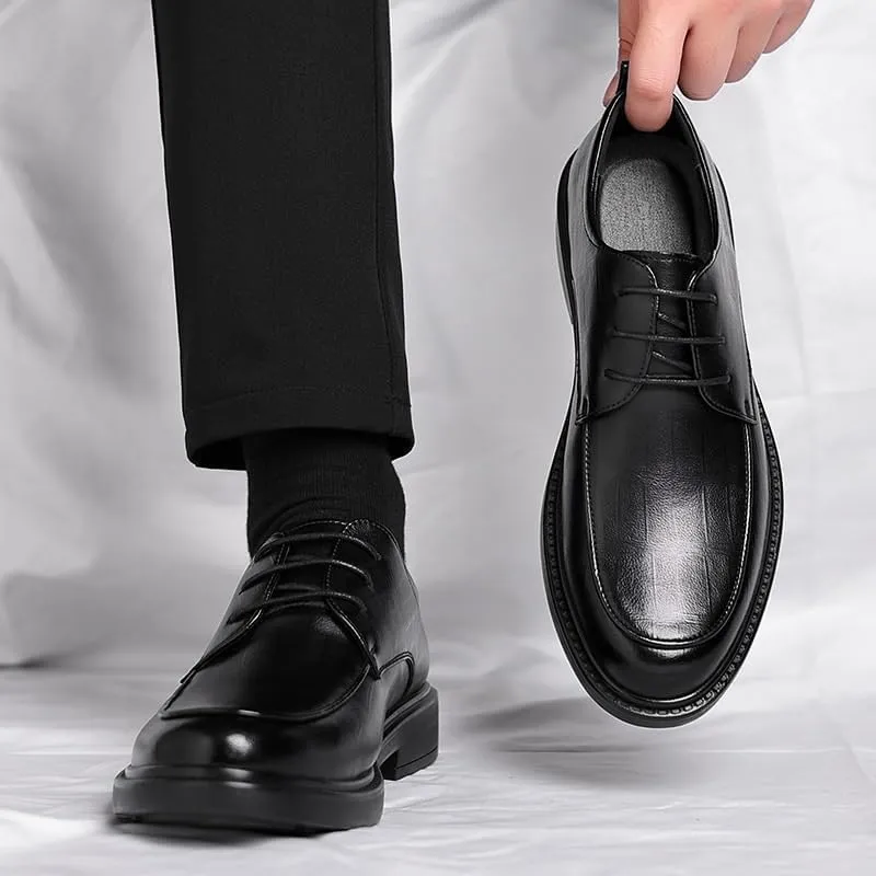 Men's Genuine Leather Oxford Shoes Retro Pointed Chunky Heel Non-Slip Business Dress Shoes Waterproof Business Formal Derby Shoes(Black,7)