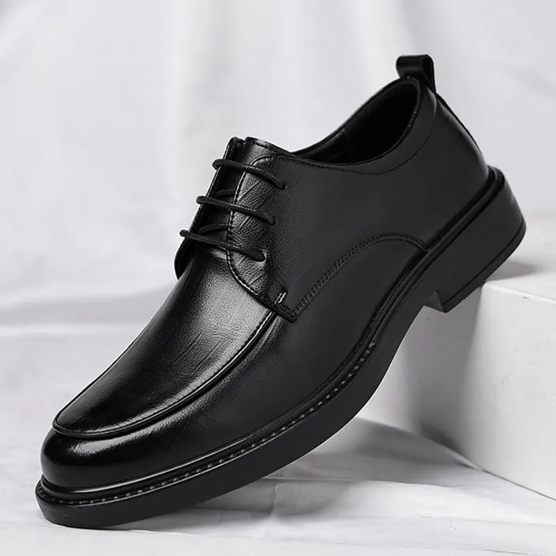 Men's Genuine Leather Oxford Shoes Retro Pointed Chunky Heel Non-Slip Business Dress Shoes Waterproof Business Formal Derby Shoes(Black,7)