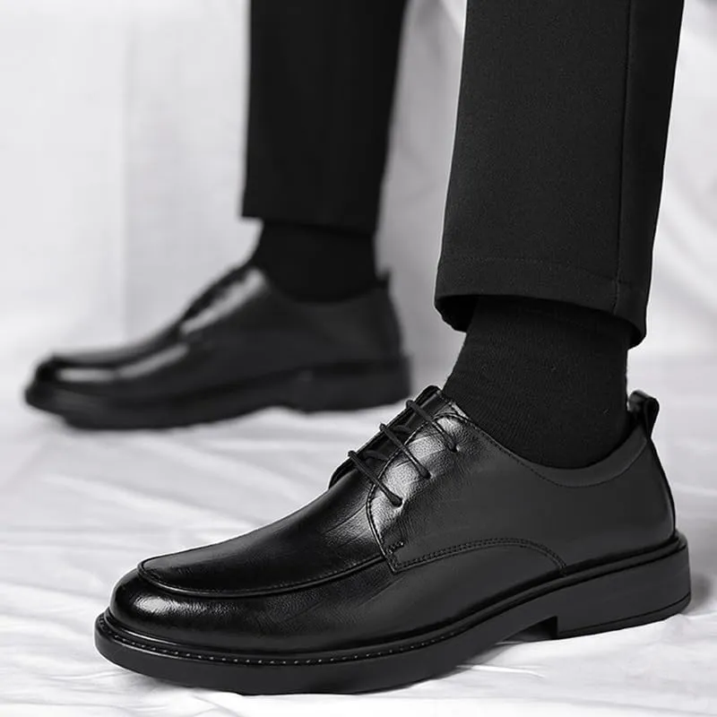 Men's Genuine Leather Oxford Shoes Retro Pointed Chunky Heel Non-Slip Business Dress Shoes Waterproof Business Formal Derby Shoes(Black,7)