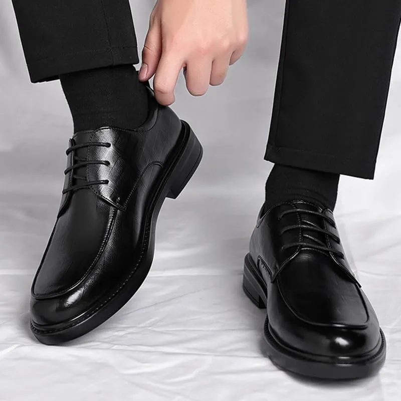Men's Genuine Leather Oxford Shoes Retro Pointed Chunky Heel Non-Slip Business Dress Shoes Waterproof Business Formal Derby Shoes(Black,7)