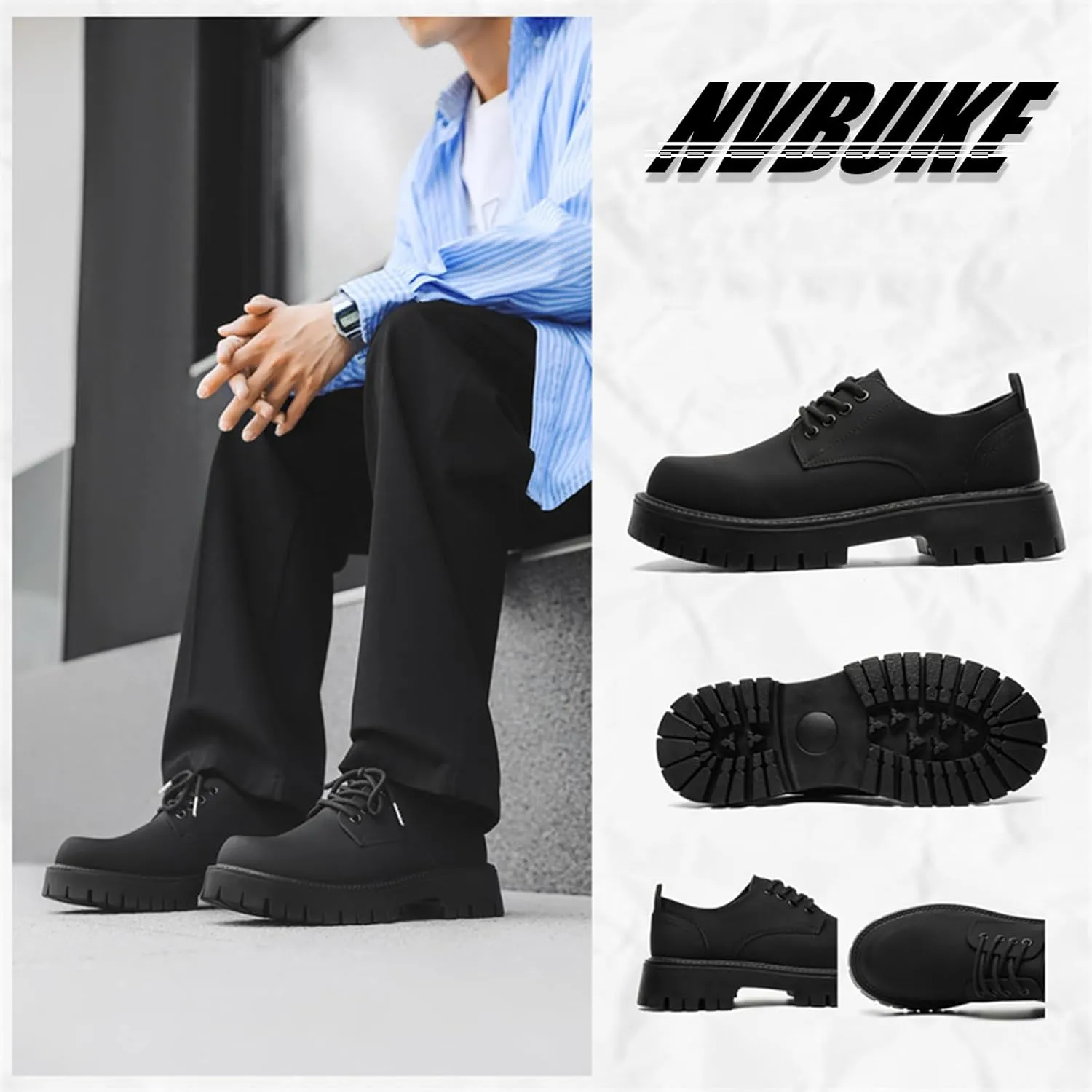 Men's Leather Platform Formal Oxford Shoes Classic Round-Toed Chunky Non-Slip Comfortable Formal Lace-Up Casual Suit Shoes Work Wedding Derby Shoes