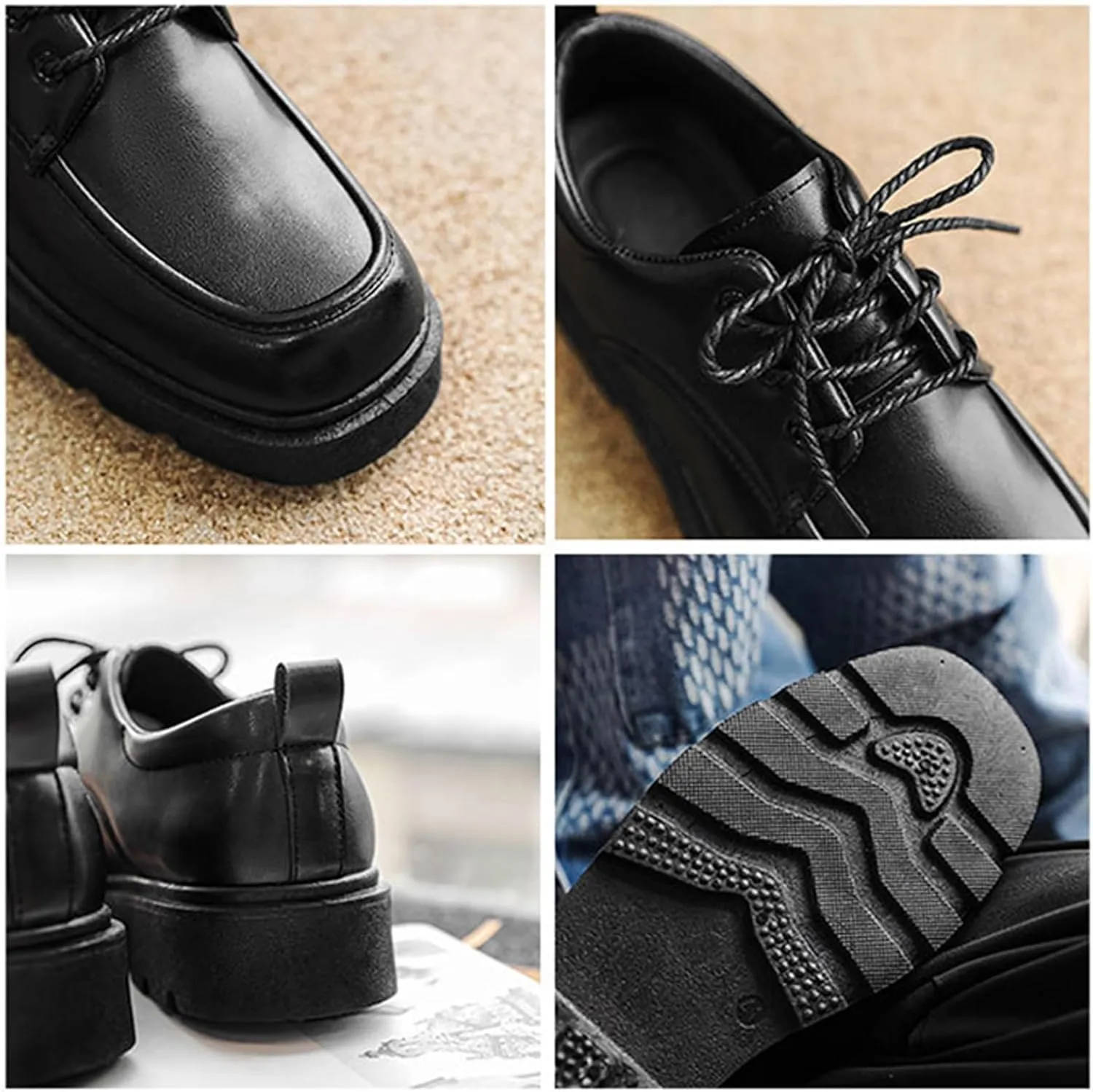 Men's Lug Sole Classic Oxford Shoes Square Head Leather Chunky Platform Non-Slip Lace-Up Dress Work Shoes Fashion Casual Business Shoes
