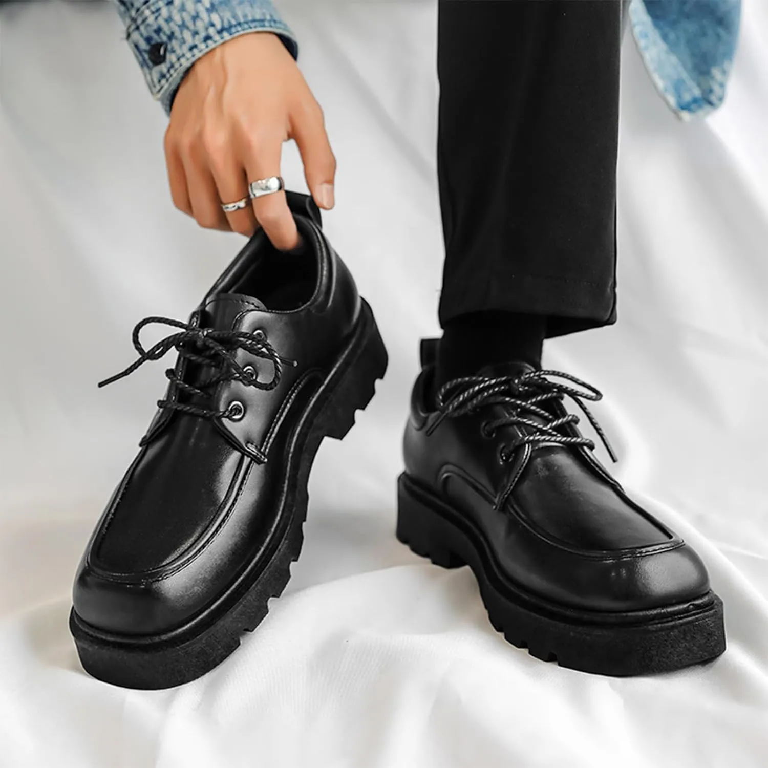 Men's Lug Sole Classic Oxford Shoes Square Head Leather Chunky Platform Non-Slip Lace-Up Dress Work Shoes Fashion Casual Business Shoes