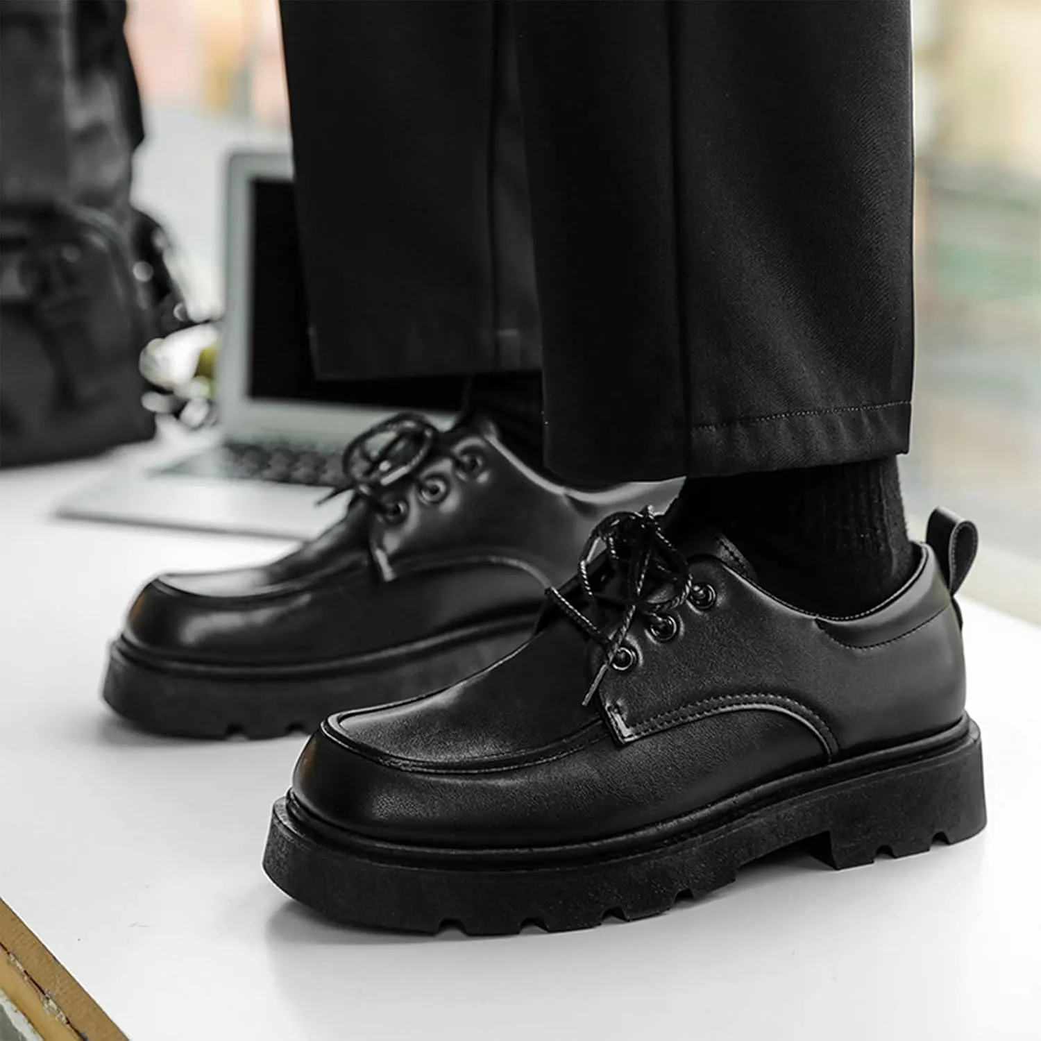 Men's Lug Sole Classic Oxford Shoes Square Head Leather Chunky Platform Non-Slip Lace-Up Dress Work Shoes Fashion Casual Business Shoes