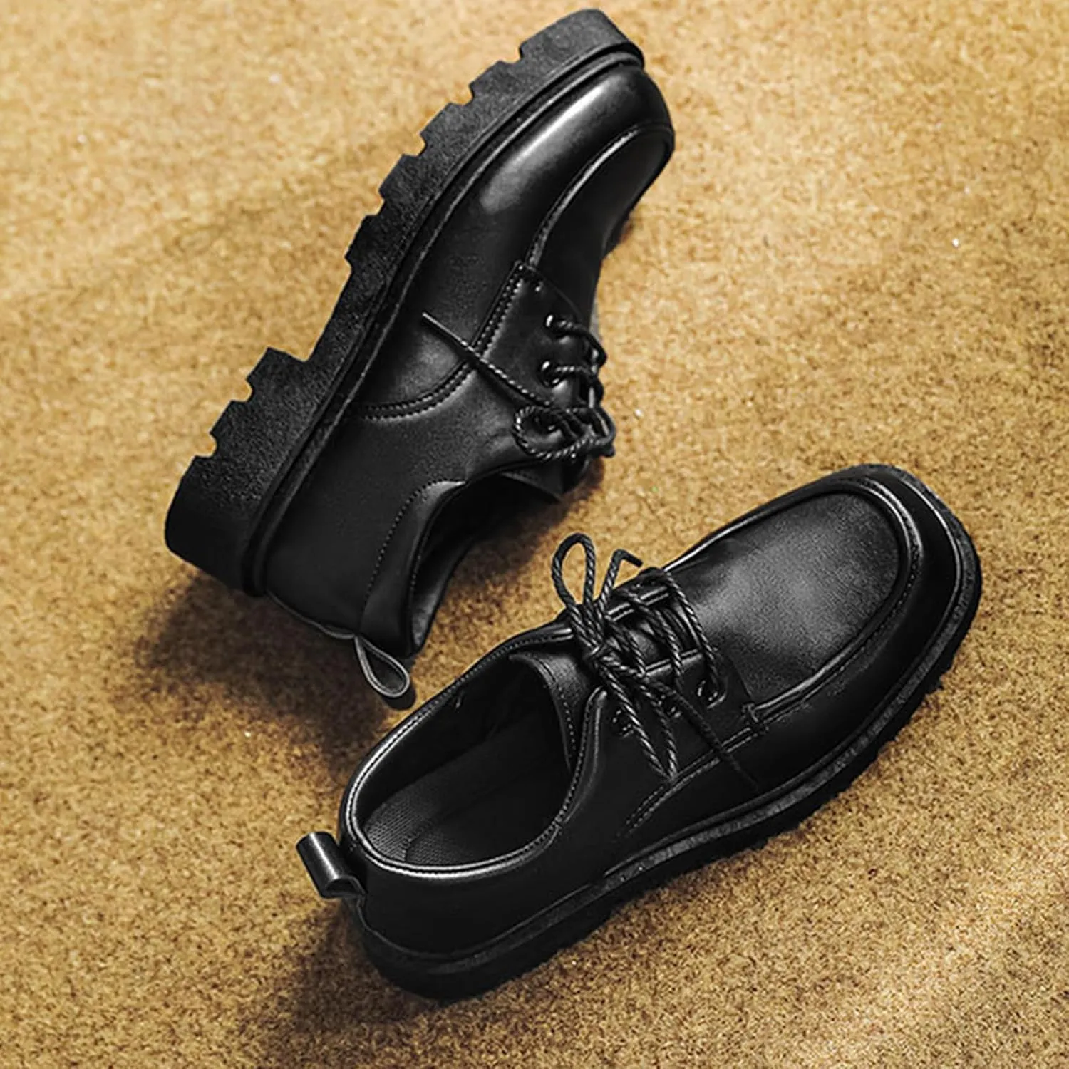 Men's Lug Sole Classic Oxford Shoes Square Head Leather Chunky Platform Non-Slip Lace-Up Dress Work Shoes Fashion Casual Business Shoes