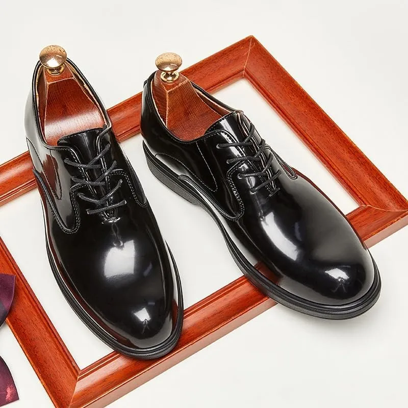 Mens Patent Leather Oxford Dress Shoes British Style Genuine Leather Round Toe Lace Up Business Formal Office