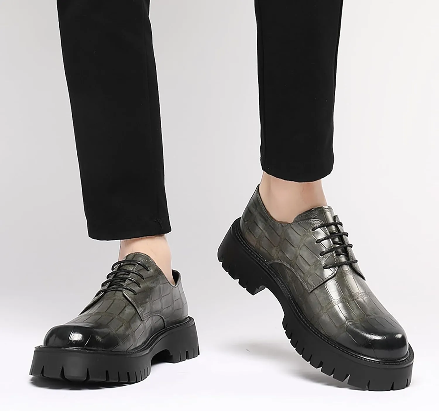 Men's Printed Leather Platform Oxford Dress Shoes Classic Lace Up Anti-Slip Lug Sole Block Heel Formal Oxfords for Wedding Office Business