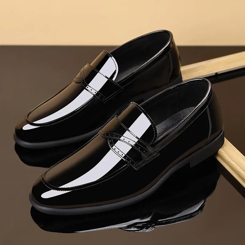 Men's Slip On Pointed Toe Classic Formal Business Dress Shoes Shiny Patent Leather Breathable Brogue Oxfords Shoes for Men