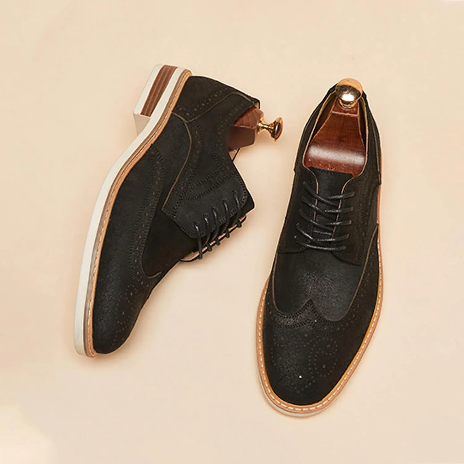Men's Suede lace-up Brogue Wingtip Oxford Shoes Fashion Pointed Toe Classic Business Oxfords Shoes Wedding Business Dress Leather Shoes